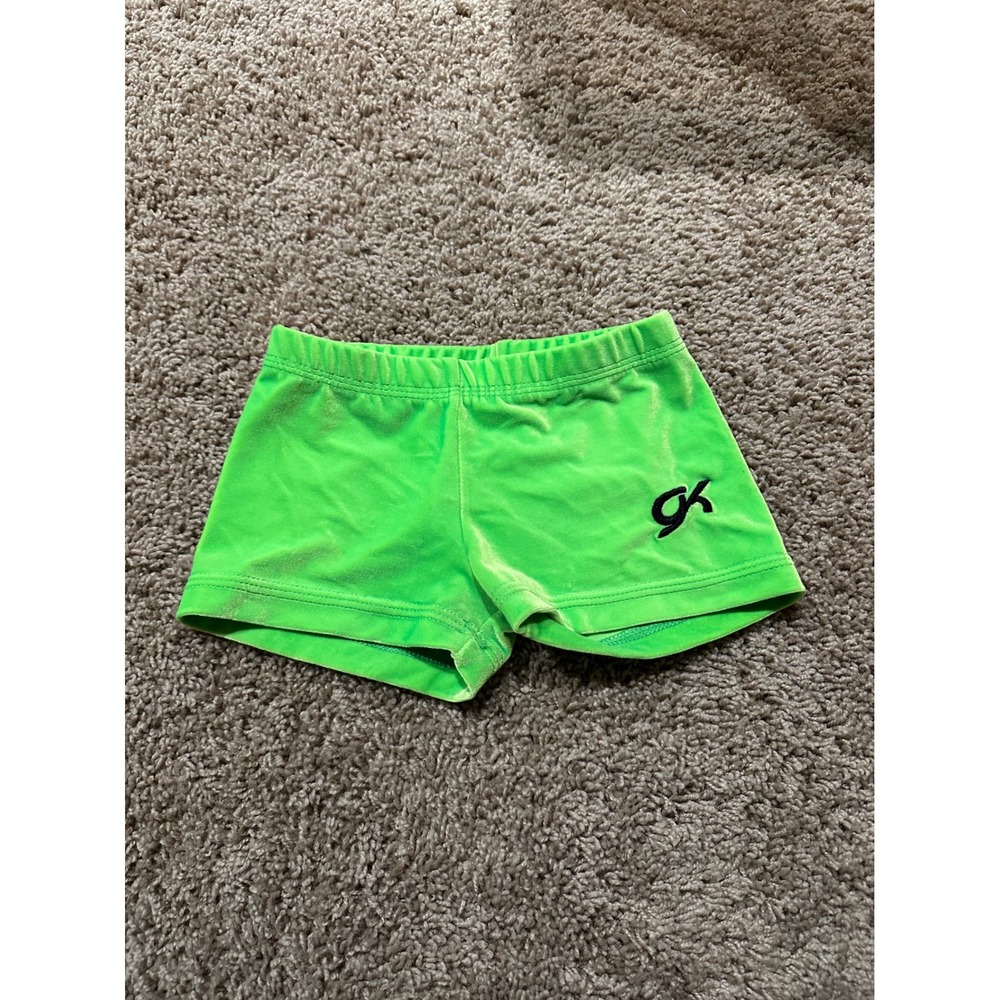 GK Elite Neon Lime Green Velvet Gymnastics Shorts Girls Child Medium CM‎